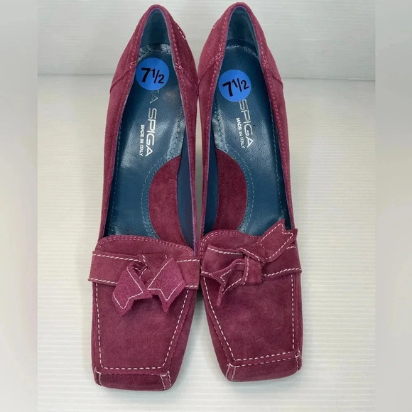 Via Spiga Aggie Suede Burgundy Bow Square Toe Heel Pumps Size 7.5M - Picture 2 of 7